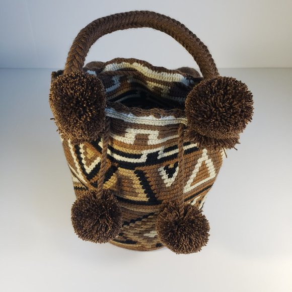 Handbags - Mini Handmade Wayuu Bag 2 Braided Handles 4 Tassels Color Brown-Cream NWOT